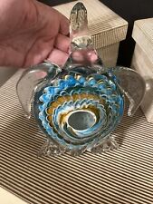 Hand Blown Art Glass Sea Turtle W Blue & Brown Twisted Ribbons In Shell