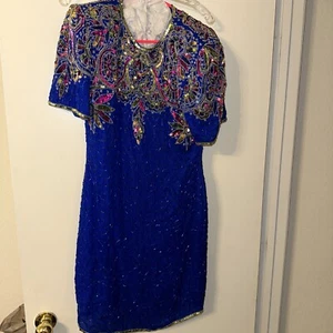 Laurence Kazar BLUE Multicolor Silk SEQUIN DRESS SIZE MEDIUM PRE-OWNED - Picture 1 of 8