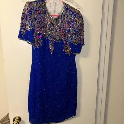 Laurence Kazar BLUE Multicolor Silk SEQUIN DRESS SIZE MEDIUM PRE-OWNED - Image 1 of 4
