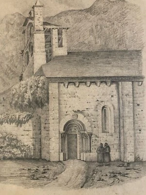 beau Dessin Église Pyrenees XIXe mine De Plomb Arbre Architecture Paysage Art - Photo 1/4