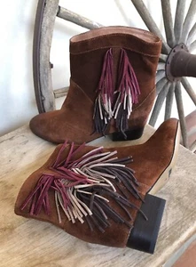 Matiko Cute Rust Brown Suede Ankle Boots Boho Western Colorful Fringe $195 NEW!! - Picture 1 of 12