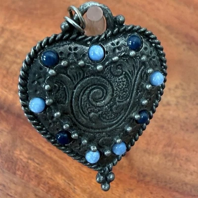 Vintage Heart Charm Blue Stone Silver Tone Ornate Filigree Pendant - Image 1 of 4