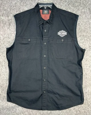 Harley Davidson Black Motorcycle Vest Button Up US Flag Shirt Sz XL Distressed - Image 1 of 4