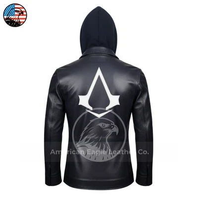 Men's Assassins Creed Hooded Purple Real Leather Long Jacket Cosplay Costume USA - Image 1 of 4