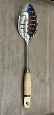 Vintage Ekco USA Chrome Wood Handle Slotted Spoon 12” Rustic Farmhouse - Image 1 of 4