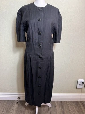 Liz Claiborne Dresses Black Button Front Rayon/Linen Size 8 Short Sleeve Pleats - Image 1 of 4