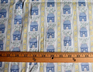 FLORAL BLUE HOUSE PRINT ON YELLOW STRIPES   100% COTTON FABRIC  17X43 + INCHES - Picture 1 of 2
