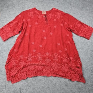 Johnny Was Bluse Damen 1X rot bestickt Boho Tunika gewellter Saum leicht - Bild 1 von 6