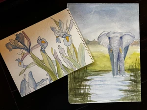 Lisa Gibson Set 2 Aquarell Gemälde ELEFANT in Sumpf 11x15 & blaue Lilien 12 - Bild 1 von 11