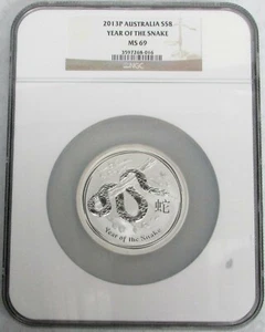 2013 P SILVER AUSTRALIA $8 LUNAR YEAR OF THE SNAKE 5 OZ COIN NGC MINT STATE 69 - Picture 1 of 2