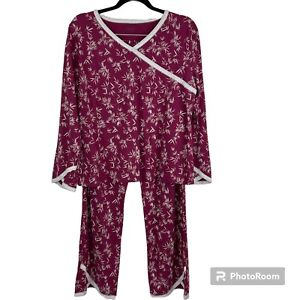 Garnet Hill Pajama Set 2 Piece Size L Asian Wrap Organic Cotton Bamboo Purple