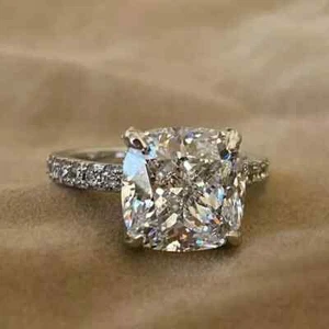 4Ct Cushion Cut Lab-Created Diamond Engagement Ring 14K White Gold Plated - Picture 1 of 7