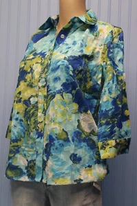 Breckenridge 100% cotton blue flower print 3/4 slv button front shirt PS NWT - Picture 1 of 3