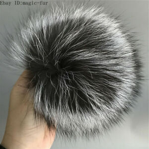 Large 6" Real Silver Fox Fur Ball w Snap Button DIY Beanie hat Fox Fur Ball