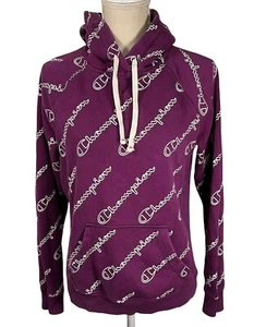 Champion Authentic All Over Logo Womens Hoodie Sz S Purple White Sweat Shirt - Picture 1 of 6