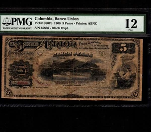 Colombia 5 Pesos 1900 P-S867b * PMG F 12 * Very Rare * - Picture 1 of 2