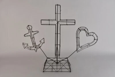 Antique Wire Memorial Sculpture Heart Cross Anchor US Navy Folk Art Rare Topiary - Image 1 of 4