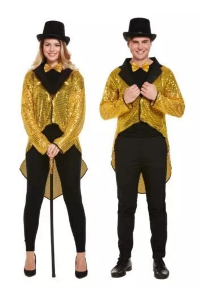 Unisex Adulto Brillo Dorado Lentejuelas Abrigo Circo Ringmaster Vestido Elegante Disfraz Foto 1 de 1