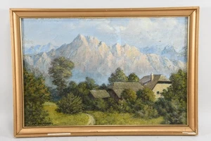 N88B45- Gemälde Bauernhof vor Bergkulisse signiert Osk. Heimann verso dat. 1949 - Bild 1 von 12