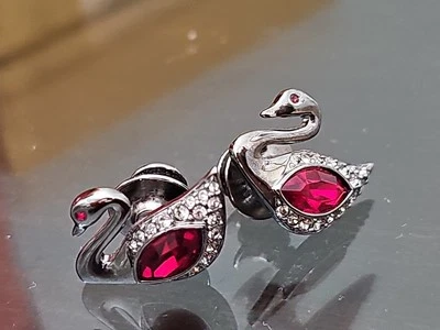 2 Swarovski Swan Red Crystal Silver Tone Tie Tac or Lapel Pins 1" X 3/4" - Image 1 of 4