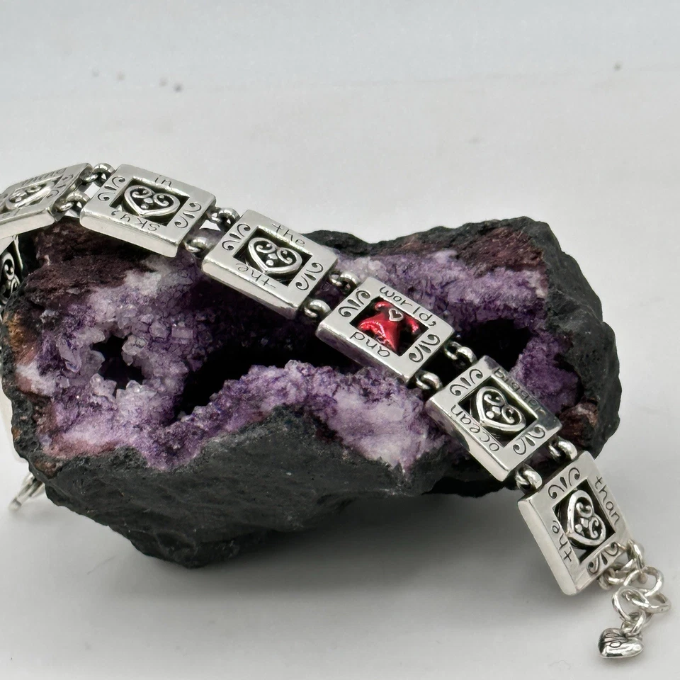 "Brazalete Brighton Calliope Go vestido rojo corazón eslabones cuadrados placa de plata 7-8""" Foto 1 de 4