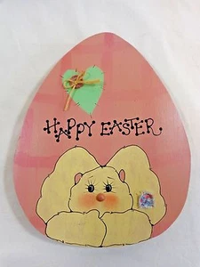 Figura en forma de huevo HAPPY EASTER 8" troquelada madera rosa conejo pintada a mano - Imagen 1 de 3