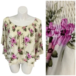 Forever 21 Top Womens 1X Floral Shirred Peasant Cottagecore Shirt Dainty Bell - Picture 1 of 15