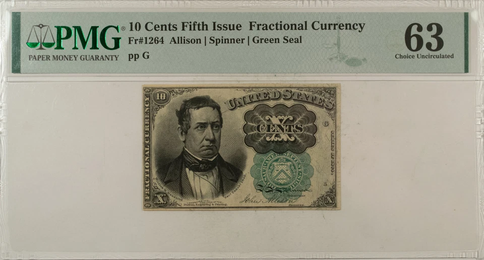 10 CENTS 5TH ISSUE FRACTIONAL CURRENCY FR#1264 ALLISON SPINNER - PMG CH/UNC-63! - Image 1 of 2