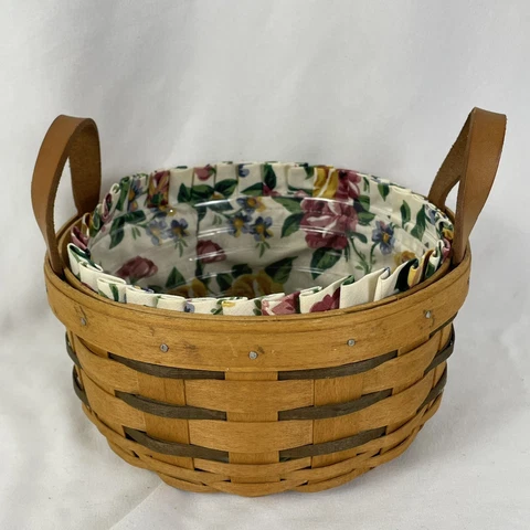 Longaberger Button Small Basket With Floral Liner Protector Brown Striped 1994 Cover
