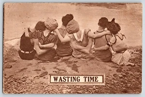 Postcard Wasting Time Men Women Hugging Wearing Swimsuits - Picture 1 of 3