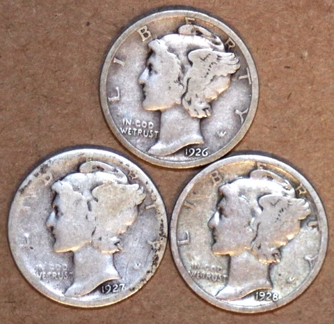 (3) Mercury Dimes - 1926(VG) 1927S(G/VG) 1928(VG) - #3195CA621 - FREE SHIPPING Cover