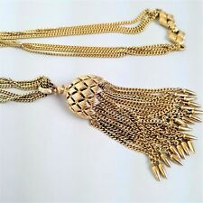 Vintage Monet Tassel Pendant Necklace Double Strand Gold Tone Chain Signed