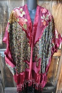 HANDPERLEN PFAU SEIDE SAMT AUSBRENNER KUNST ZUM TRAGEN KIMONO IN BURGUNDERROT, EINHEITSGRÖSSE +! - Bild 1 von 5