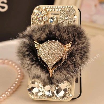 Flip Leather Card Wallet Luxury Bling Diamonds Furry Rabbit Fur Phone Case Cover - Image 1 of 4
