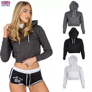 Womens Plain Long-Sleeve Fleece Crop Top Hoodie Casual Sports Yoga Pullover Tops - Picture 1 of 26