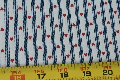 30" Long, Vintage, Red Hearts & Blue Stripes on Cream Quilt Cotton, V190 - Image 1 of 4