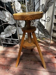 Vtg Industrial Swivel Screw Artist Stool Oak Plant Stand Boho Cottage Tri-Pod - Picture 1 of 14