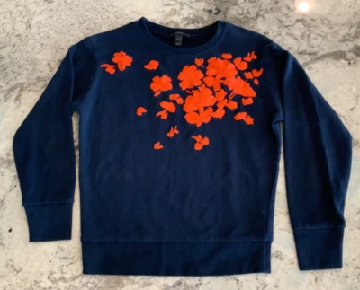 J. Pulôver Crew feminino bordado floral tamanho XXS azul marinho laranja - Imagem 1 de 3