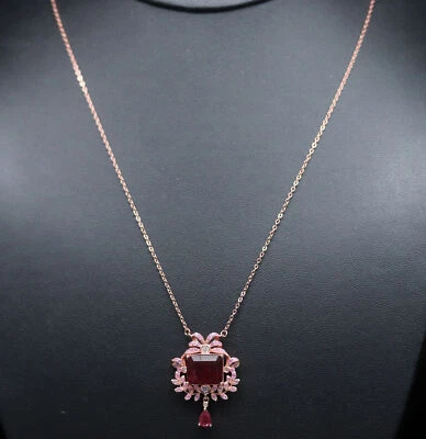 Heated 9X12mm. Blood-Red Ruby Sapphire Cubic Zircon Necklace Silver 925 Sterling - Image 1 of 4