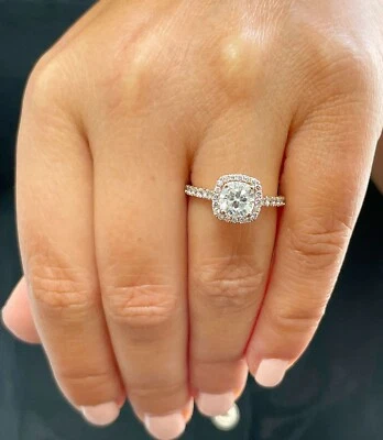 Anel de noivado de ouro rosa 14k sólido corte almofada diamante halo 1,60 ctw H-VS2 GIA - Imagem 1 de 4