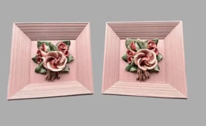 VTG Set/ 2 Porcelain Pink Rose Bouquet 3D Art Shadow Box Wood Framed - Rare Find - Picture 1 of 15