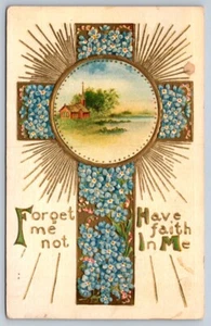 Vergissmeinnicht, hab Glauben an mich, Blumenkreuz, ländliche Kirchenszene, Postkarte 1912 - Bild 1 von 2