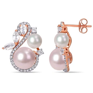 Amour 10k Rose Gold Pink Cultured Pearl White Topaz Diamond Crossover Earrings - Picture 1 of 4