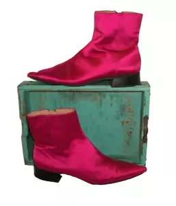 Zara Fuschia Satin Side Zip Pointy Flat Ankle Boots 7M - Picture 1 of 9