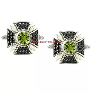 Natural Peridot & CZ  Gemstones with 925 sterling Silver Cufflinks  for Men's #9 - Picture 1 of 3