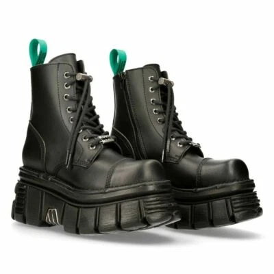 NEW ROCK M-NEWMILI083-VS2 VEGAN BOOTS Combat Black Leather Platform Biker Shoes - Image 1 of 4