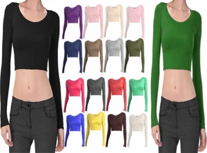 Womens Long Sleeve Crop Top TShirt Ladies Girls Scoop Crew Neck Crop Shirt Top - Picture 1 of 25