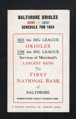 Rare 1954 Baltimore Orioles 1st National Bank Baseball Pocket Schedule 1st Year - Image 1 of 3