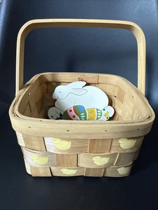 Hand Painted Square Basket 8”x8”x4.5” Woven Wood Chicks Easter & Wood Bunny Eggs - Picture 1 of 9