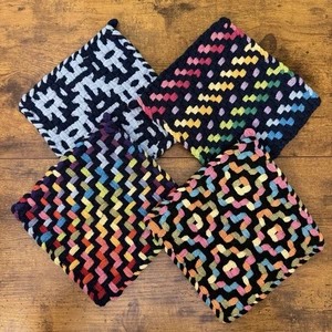 4 Cottage Kitchen Handmade Potholders Cotton Loom Hot Pad Trivet Boho Retro 8x8 - Picture 1 of 8